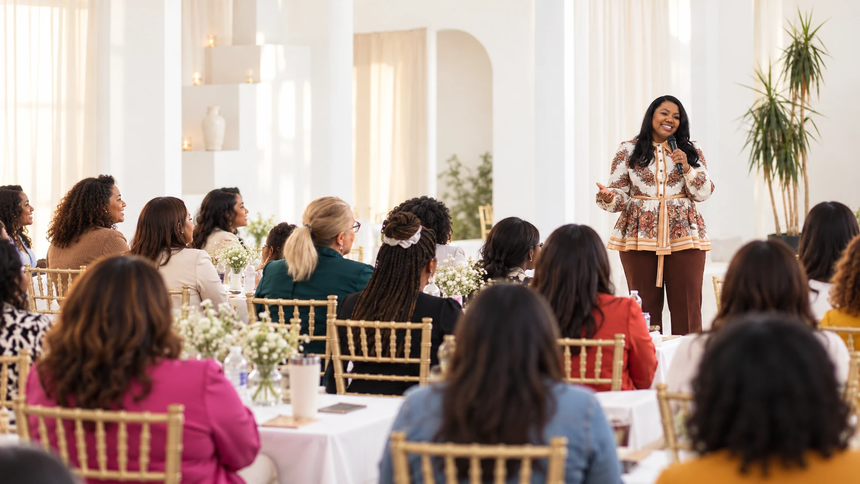 Irene Wilkins standing with a microphone in a floral blouse before a workshop audience