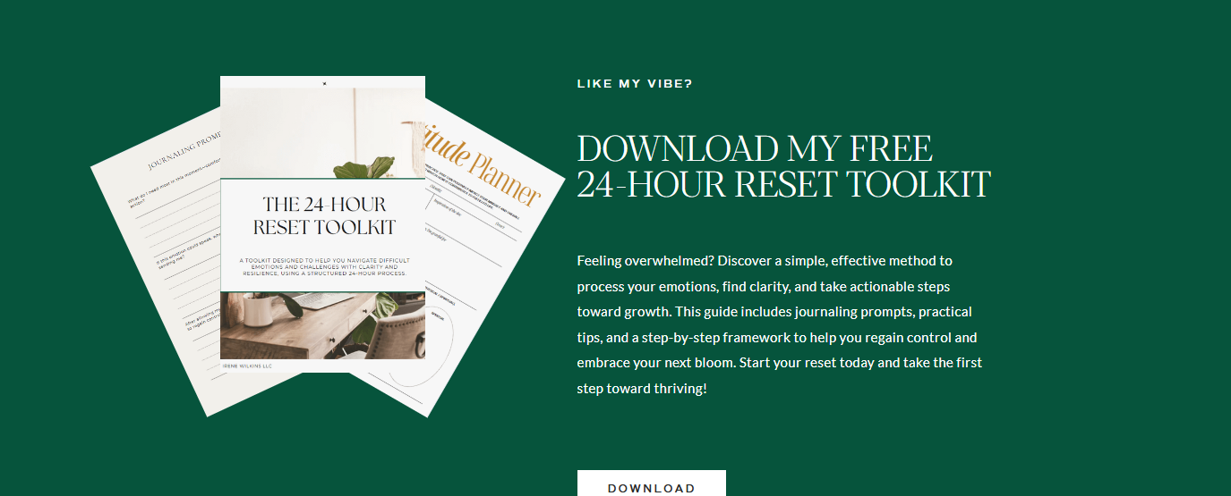 The 24-Hour Reset Toolkit cover with journaling prompts and gratitude planner pages